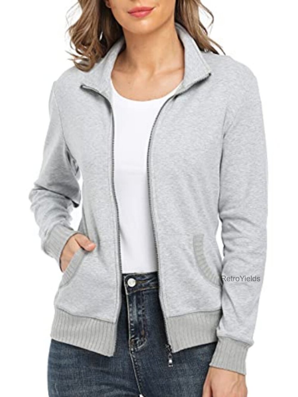 Women's Zip Up Sweatshirt Jacket Stand Collar Hoodless Cotton Running Shirt